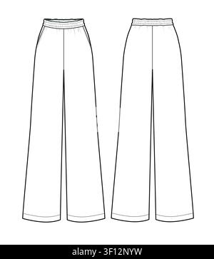 Women wide leg trouser front and back view mockup template vector design technical illustration. Stock Vector