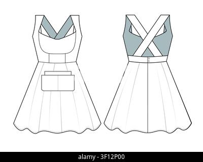 Princess apron front and back view flat sketch vector mockup template technical illustration. Stock Vector