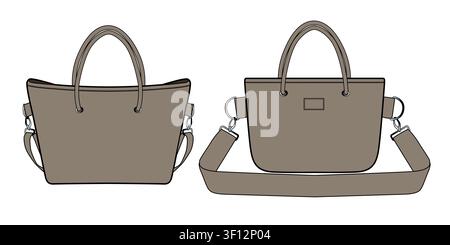 Leather tote bag for women technical flat sketch vector mockup illustration. Stock Vector