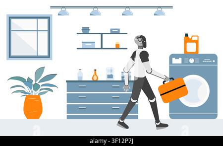 Robot carrying laundry basket in modern automated laundry room with plants and shelves vector Stock Vector