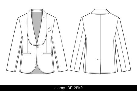 Kids shawl collar tuxedo jacket front and back view technical flat design vector mockup template. Stock Vector