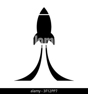 Rocket ship flying upwards icon. Business growth, innovation boost and career progress concept, black silhouette illustration.  Stock Vector