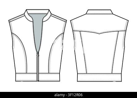 Women’s denim vest front and back view technical drawing vector template. Stock Vector