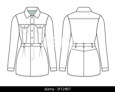 Denim shirt dress for women front and back view vector template technical drawing. Stock Vector