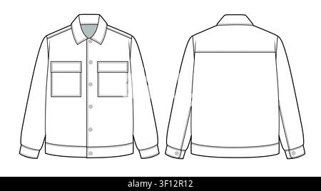 Men’s work jacket front and back view vector design mockup template technical flat drawing. Stock Vector