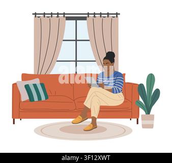 Cozy living room with warm orange sofa Stock Vector