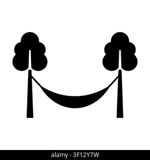 Hammock between two trees silhouette icon isolated on white background. Black symbol of relaxation, travel, and summer vacation.  Stock Vector