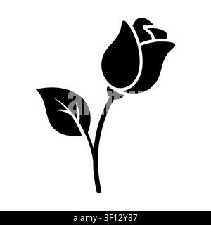 Black rose bud with leaf icon. Elegant flower symbol for Valentines Day, wedding decoration, beauty logo and romantic concept.  Stock Vector