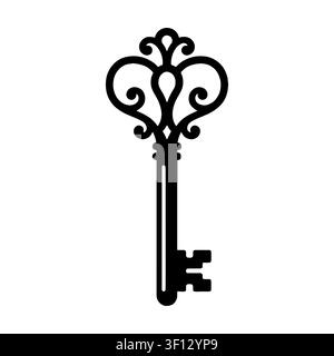 Vintage ornate skeleton key icon, antique black key silhouette isolated on white background.  Stock Vector