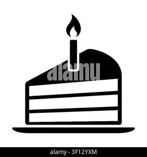 Cake slice with candle silhouette icon isolated on white background. Black symbol of birthday celebration and dessert.  Stock Vector