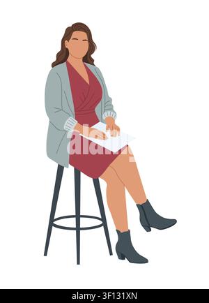 Woman sits calmly on stool, holding papers. Stock Vector
