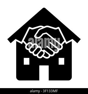 House handshake silhouette icon isolated on white background. Black symbol of real estate deal, home buying, and property agreement.  Stock Vector
