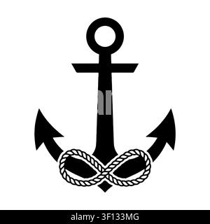 Anchor with braided rope icon isolated on white background. Black silhouette symbol of nautical and maritime sign.  Stock Vector