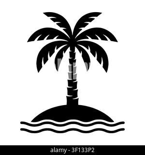 Tropical island with palm tree and sea waves icon. Summer holiday, paradise destination and tourism concept.  Stock Vector
