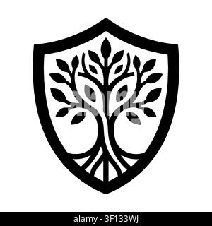 Tree of life inside shield icon. Nature protection, environmental security, family heritage and eco organization logo symbol.  Stock Vector