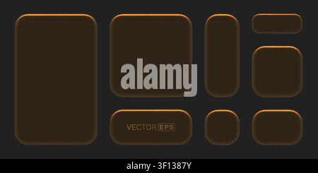 Neumorphic UI elements set with glowing golden edges. Dark brown soft 3D shapes on a dark background. Vector illustration. Stock Vector