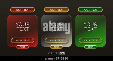 Stylish UI elements modern cards and buttons. Red, grey, and green glossy design for web interfaces. Vector illustration. Stock Vector