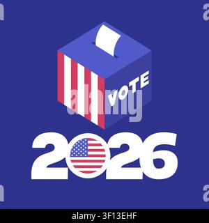 Isometric Vote 2026 Ballot Box with American Flag Stripes Vector Illustration Stock Vector