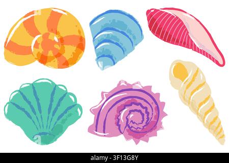 Vector watercolor sea shells set. Hand drawn colorful seashells illustration. Trendy vintage isolated design elements with different marine shell shap Stock Vector