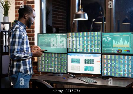 Financial analyst reviewing forex market trends Financial analyst using tablet and reviewing forex market trends on multi screen setup in a modern office. Stock Photo