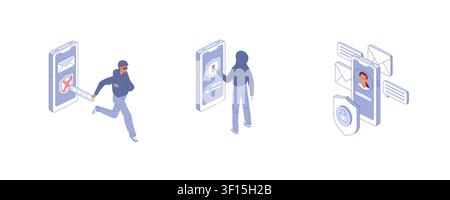 Hackers breaking into phones. Isometric vector. Great for cybercrime poster, security blog, or threat awareness banner. Stock Vector