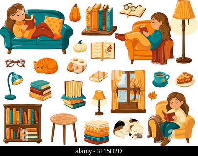 Cozy reading set with books, readers, lamps and autumn home objects. Cartoon vector illustration on white background Stock Vector
