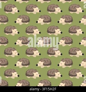 Seamless pattern with cute hedgehogs on olive green background. Cartoon vector woodland animal background Stock Vector