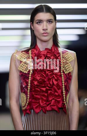 Berlin, Germany, 2nd Jul, 2026. A close-up view shows a model presenting an avant-garde look on the runway at Neo Fashion during Berlin Fashion Week. Stock Photo