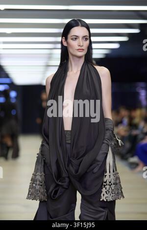 Berlin, Germany, 2nd Jul, 2026. A close-up view shows a model presenting an avant-garde look on the runway at Neo Fashion during Berlin Fashion Week. Stock Photo