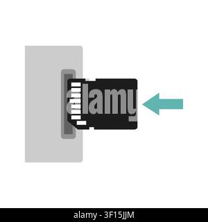 Flat vector icon showing a memory card being inserted into a device, representing digital technology, data storage, and hardware connectivity. Stock Vector