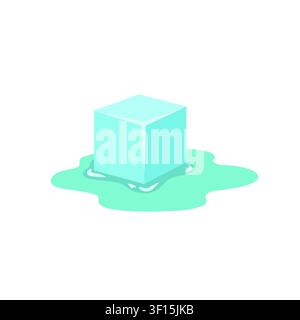 A single blue ice cube melting into a puddle on a clean white background, symbolizing global warming, climate change, and heat-related concepts. Stock Vector