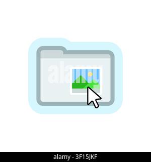 Flat vector illustration of a computer mouse cursor dragging a photo file into a digital folder, symbolizing file management and organization. Stock Vector