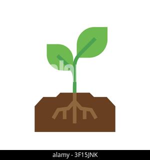 A small green plant sprout growing from rich soil with visible roots, symbolizing growth, sustainability, nature, and environmental development. Stock Vector