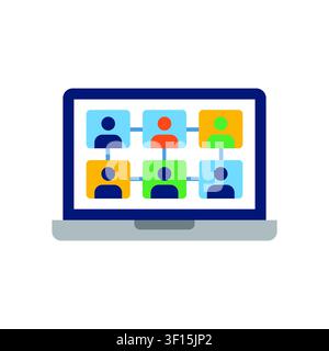 Flat vector icon design of a laptop screen displaying a video conference call, representing remote work, communication, and connectivity. Stock Vector