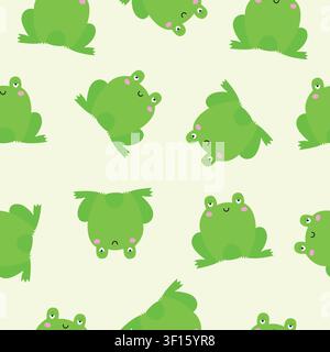 Cute green frog seamless pattern vector illustration. Funny cartoon toad with pink cheeks repeating background on isolated light cream. Childish animal pattern for baby fabric, textile, wrapping paper Stock Vector