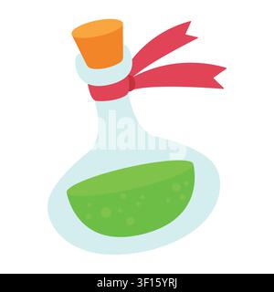 Cute Halloween magic potion bottle vector illustration. Cartoon funny glass flask with green liquid and red ribbon isolated on white background. Hand drawn witch poison elixir element, stickers Stock Vector