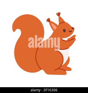 Cute red squirrel sitting vector illustration. Flat design woodland rodent animal icon with fluffy tail isolated on white background. Perfect for Stock Vector