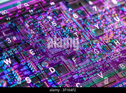 Computer hardware. Inside a laptop computer showing computer chips and electronics. Stock Photo