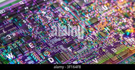 Computer hardware. Inside a laptop computer showing computer chips and electronics. Stock Photo