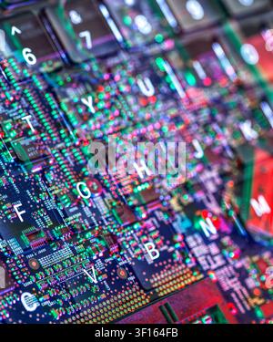 Computer hardware. Inside a laptop computer showing computer chips and electronics. Stock Photo
