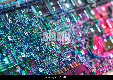 Computer hardware. Inside a laptop computer showing computer chips and electronics. Stock Photo
