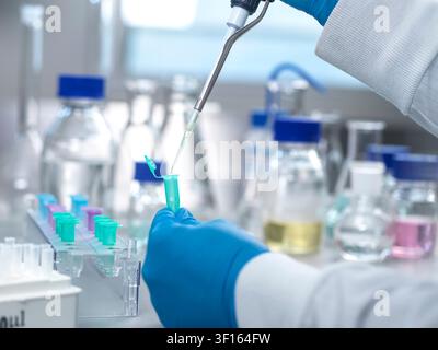 Genetic research, conceptual image. Scientist extracting samples using a pipette for analytical testing in the lab. Stock Photo