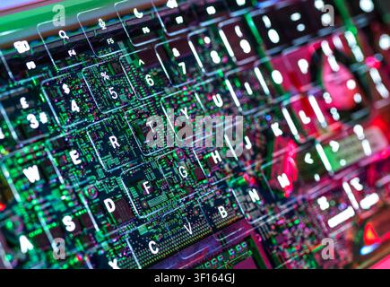 Computer hardware. Inside a laptop computer showing computer chips and electronics. Stock Photo