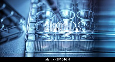 Biotechnology research, conceptual image. Scientist pipetting sample into a multi well plate in the lab. Stock Photo