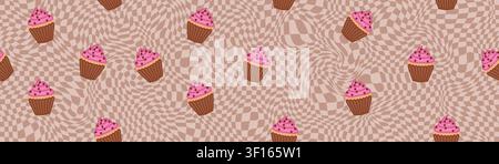 Playful pattern with pink cupcakes on brown distorted checkerboard grid featuring wavy lines. Stock Vector