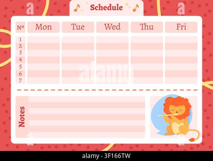Cute Lion Weekly Schedule Planner for Kids Cartoon Template Stock Vector