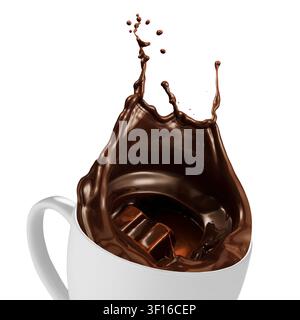 Dark melted chocolate splash from white cup with chocolate pieces isolated on white Stock Photo