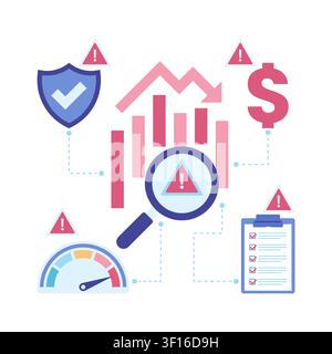 Financial Risk Analysis with Magnifying Glass and Declining Chart. Business and Financial Risk Assessment concept Stock Vector