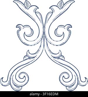Decorative blue ornament in Baroque style. Vector, graphic illustration. A versatile element for borders, patterns, and textile prints. Design of Stock Vector