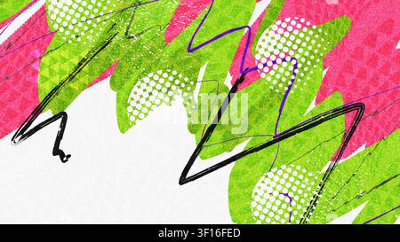 Colorful and Dynamic Abstract Memphis Background with Colorful Brush Strokes, Halftone Patterns and Texture Effect. Vibrant Banner or Poster Design Stock Vector